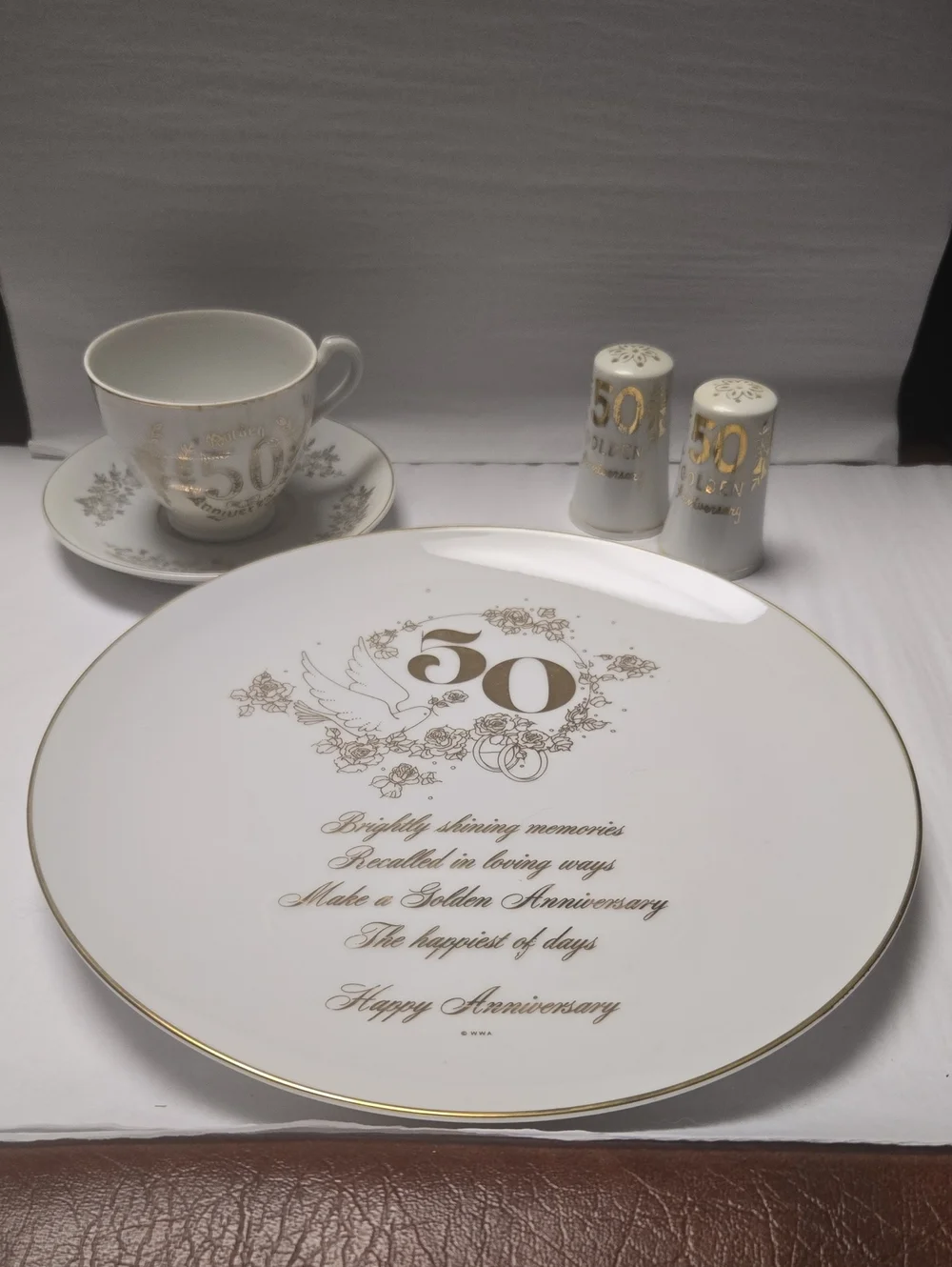 Golden 50th Anniversary Porcelain Plate, S&P, Cup/Saucer